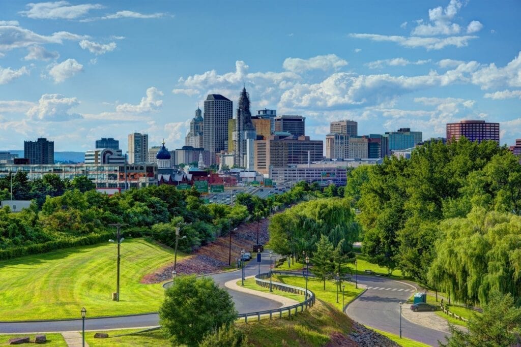 The familiar skyline of Hartford, CT