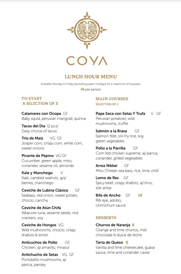 Coya lunch menu