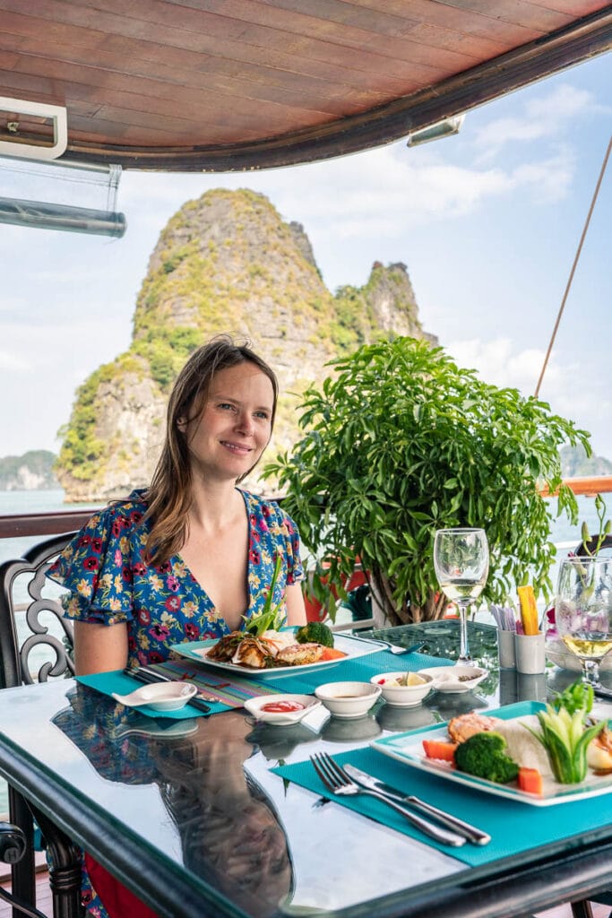 Wearing a light sundress in Halong Bay